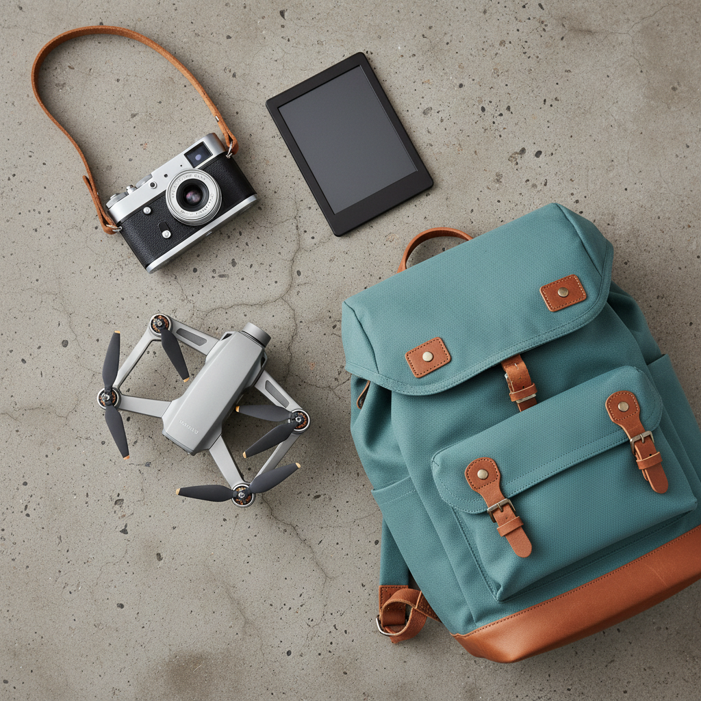 A close-up, top-down view of a carefully arranged flat lay for travel and urban hobbies: a compact silver rangefinder camera with a retro stitched leather strap, a slim graphite-gray e-reader, a folding travel drone with brushed metal arms, and a lightweight city-style backpack in muted teal canvas with tan leather accents. All items rest on a textured concrete surface with subtle imperfections. Soft, diffused studio lighting from above eliminates harsh reflections, emphasizing material textures and clean lines. The composition is balanced but asymmetrical, with each object angled slightly to suggest active use rather than rigid display. The photographic, modern aesthetic and calm, adventurous mood make this image ideal for illustrating practical gear comparisons for tech-savvy, on-the-go hobbyists.