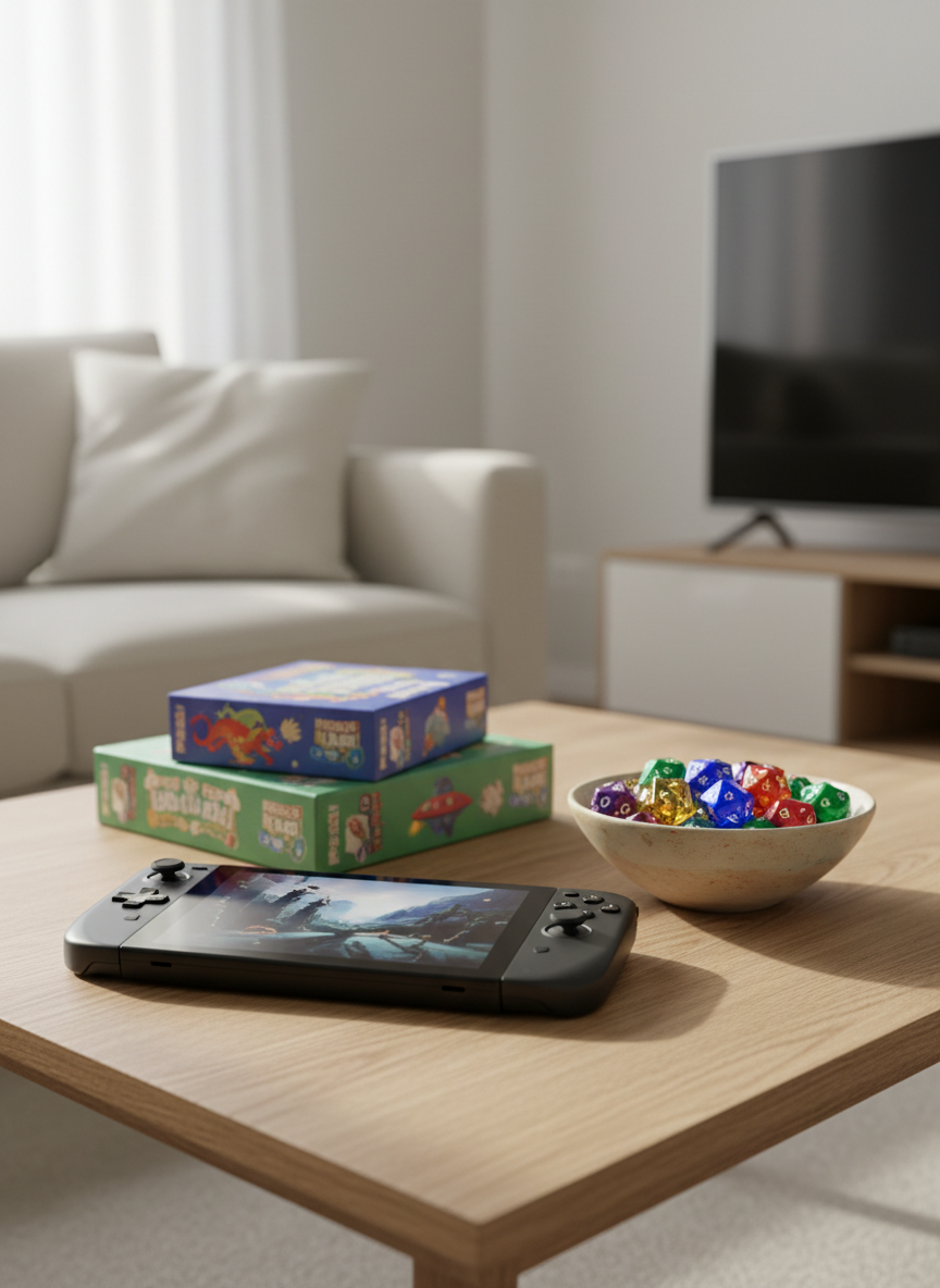 A minimalist living room gaming and leisure setup centered around a low-profile oak coffee table holding a sleek matte-black handheld gaming console, a small stack of board game boxes with colorful illustrated covers, and a ceramic bowl filled with polyhedral dice in bright, translucent hues. A neutral fabric sofa and a soft-focus entertainment unit sit in the background. Natural afternoon light filters through unseen windows, creating soft, realistic highlights on plastic and cardboard surfaces and subtle shadows under the table. Photographed at eye level with a slight side angle, the composition uses negative space and a shallow depth of field to keep the focus on the tabletop items. The photographic realism and relaxed, playful atmosphere align with lifestyle and toy-focused buying guides.