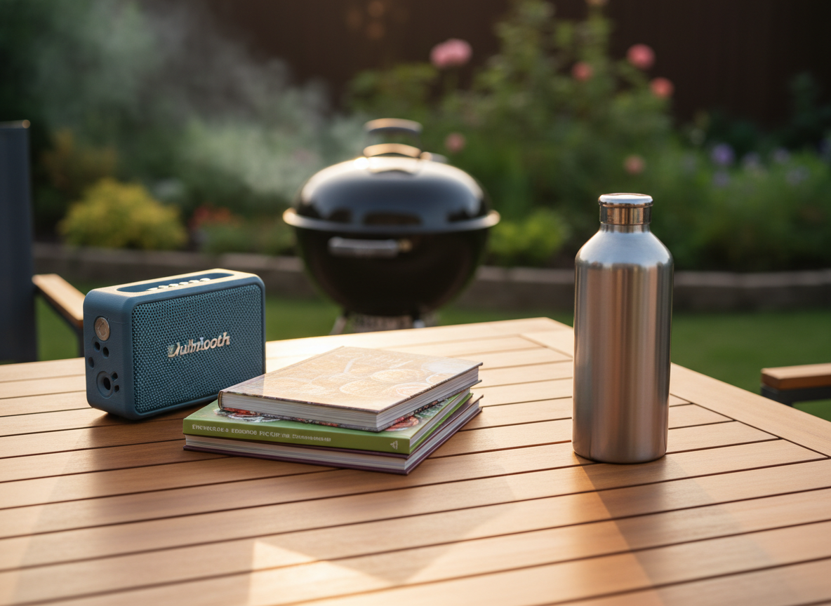 A serene backyard leisure setup designed for outdoor lifestyle hobbies, showcasing a smooth acacia wood patio table with a compact charcoal grill in the background, a weather-resistant portable Bluetooth speaker in slate blue, a stack of glossy grilling recipe books, and a sleek insulated growler with a brushed stainless finish. Early evening light casts a warm, golden tone across the table, creating soft reflections on metal and glass while the garden foliage behind fades into a gentle, green bokeh. Shot at a slightly elevated angle with the table filling most of the frame, the photographic, vibrant style conveys relaxation and playful social energy, ideal for highlighting lifestyle and outdoor entertaining products.