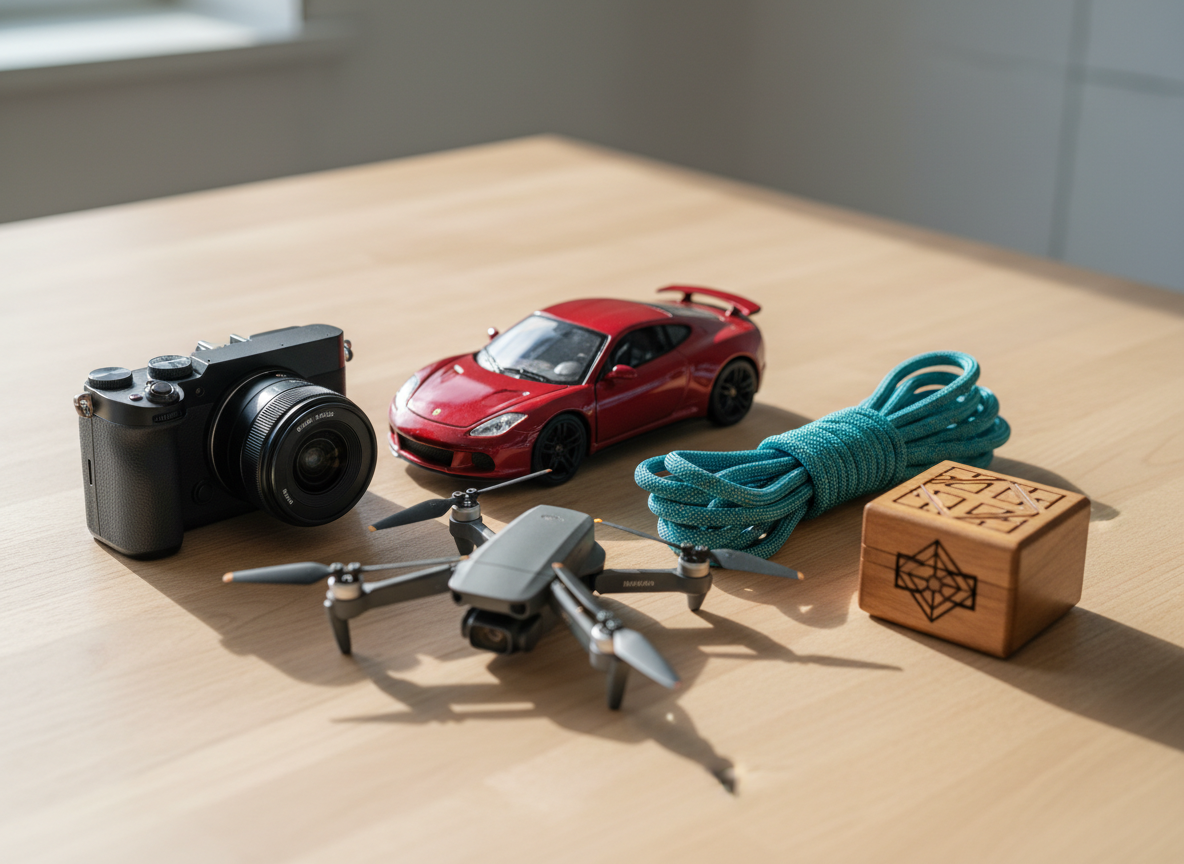 A playful flat lay of diverse hobby gear arranged on a light maple tabletop: a sleek mirrorless camera with a textured black body, a glossy ruby-red die-cast sports car model, a compact drone folded neatly, a neatly coiled climbing rope in teal, and a small wooden puzzle box with intricate carvings. Soft morning daylight spills in from the left, creating gentle, realistic shadows and subtle highlights on metal and glass surfaces. The background is clean and uncluttered with a shallow depth of field fading to a soft blur at the edges. Photographic realism, vivid but natural colors, and an inviting, energetic mood emphasize the variety of hobbies and lifestyle products in a modern, global consumer context.