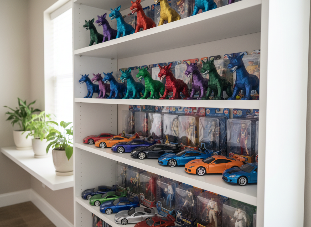 A polished white shelving unit filled with neatly arranged collectible figures and models: glossy vinyl fantasy creatures in jewel tones, hyper-detailed miniature cars with chrome accents, and boxed limited-edition figurines with pristine packaging. A soft, neutral wall and a few potted plants in the far background provide context without clutter. Diffused overcast window light from the right bathes the scene in even illumination, minimizing harsh shadows and emphasizing surface textures and colors. Shot from a slightly elevated angle, the central shelves are in crisp focus while upper and lower rows gently blur, creating depth. The photographic realism and playful, colorful palette convey an enthusiastic yet organized collector’s space, perfect for illustrating hobby collectibles and display ideas.