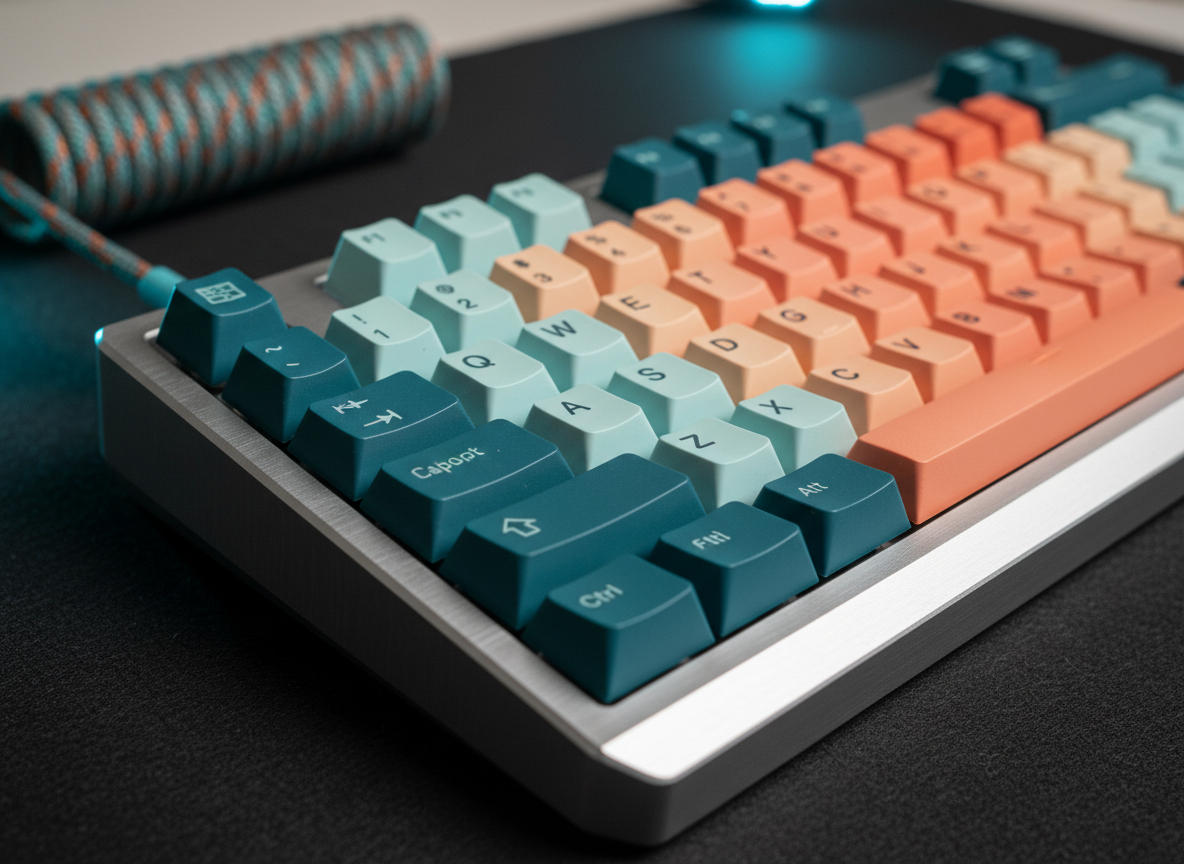 An ultra-focused macro shot of a high-end mechanical keyboard customized as a tech hobby project, featuring double-shot PBT keycaps in a playful gradient of teal to coral, brushed aluminum casing with chamfered edges, and a coiled, fabric-sleeved USB cable in matching colors. The keyboard rests on a dark felt desk mat that contrasts with the vivid keys. Cool, diffused LED-style lighting from the side brings out micro-textures and subtle reflections on the metal, while the background falls into a deep, creamy blur. The close, low-angle composition emphasizes a few keys in razor-sharp focus with the rest receding softly. Photographic realism and a modern, energetic mood capture the appeal of niche, customizable tech and hobby accessories.
