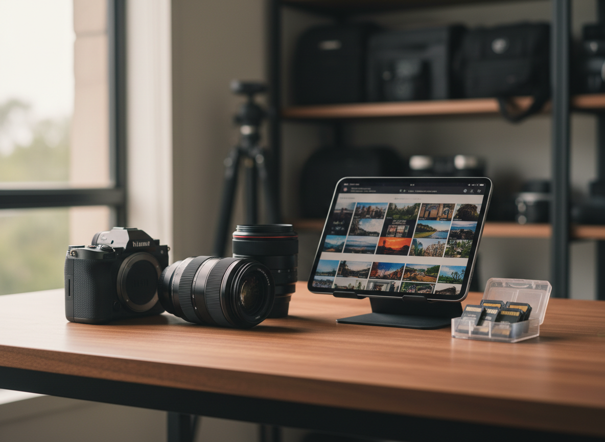 A compact home photography workstation with a modern charcoal-gray camera body resting beside two prime lenses, each with finely ribbed focus rings catching the light. Nearby sits a tablet displaying a vibrant landscape photo thumbnail grid and a small stack of SD cards in a transparent organizer. Everything is arranged on a smooth walnut desk with a subtle matte finish. Soft side lighting from a nearby window creates reflective highlights on glass elements and a gradient of shadow across the desk, while a faint bokeh of shelves and camera bags recedes into the background. Captured at a three-quarter angle with shallow depth of field, the image feels clean, professional, and inviting, aligning with photographic realism and supporting practical photography gear reviews and buying guides.