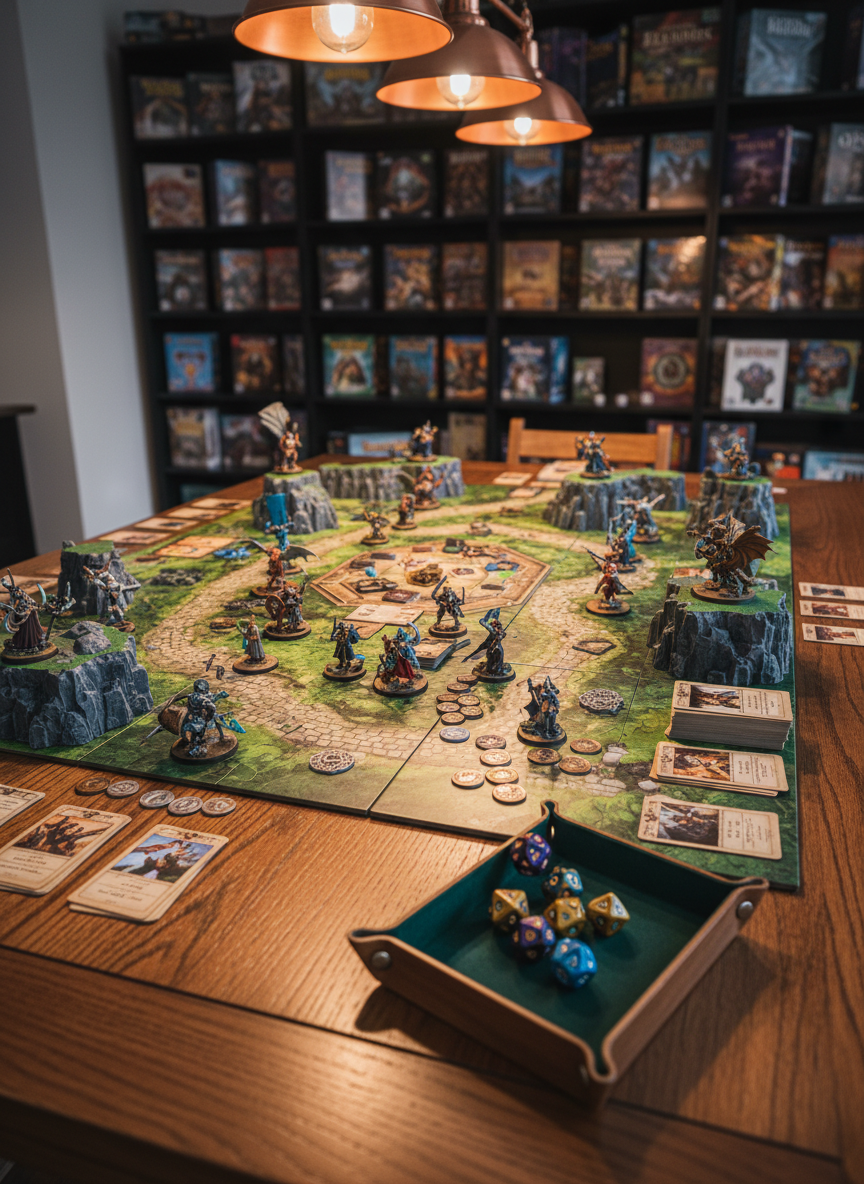 A dedicated tabletop gaming scene featuring an expansive wooden game table with a richly detailed fantasy board game set up mid-play: modular terrain tiles with stone and grass textures, intricately painted miniatures poised on bases, stacks of vividly illustrated cards, and custom metal coins scattered across the surface. A felt-lined dice tray holds several multi-colored dice frozen mid-roll. Warm, directed pendant lighting from above highlights the center of the board, creating dramatic yet realistic shadows that enhance the three-dimensional feel of the miniatures. The background gently blurs into indistinct shelving holding boxed games. Captured from a low, slightly angled perspective with a medium depth of field, the photographic realism and immersive, playful atmosphere support in-depth guides on tabletop hobby products.