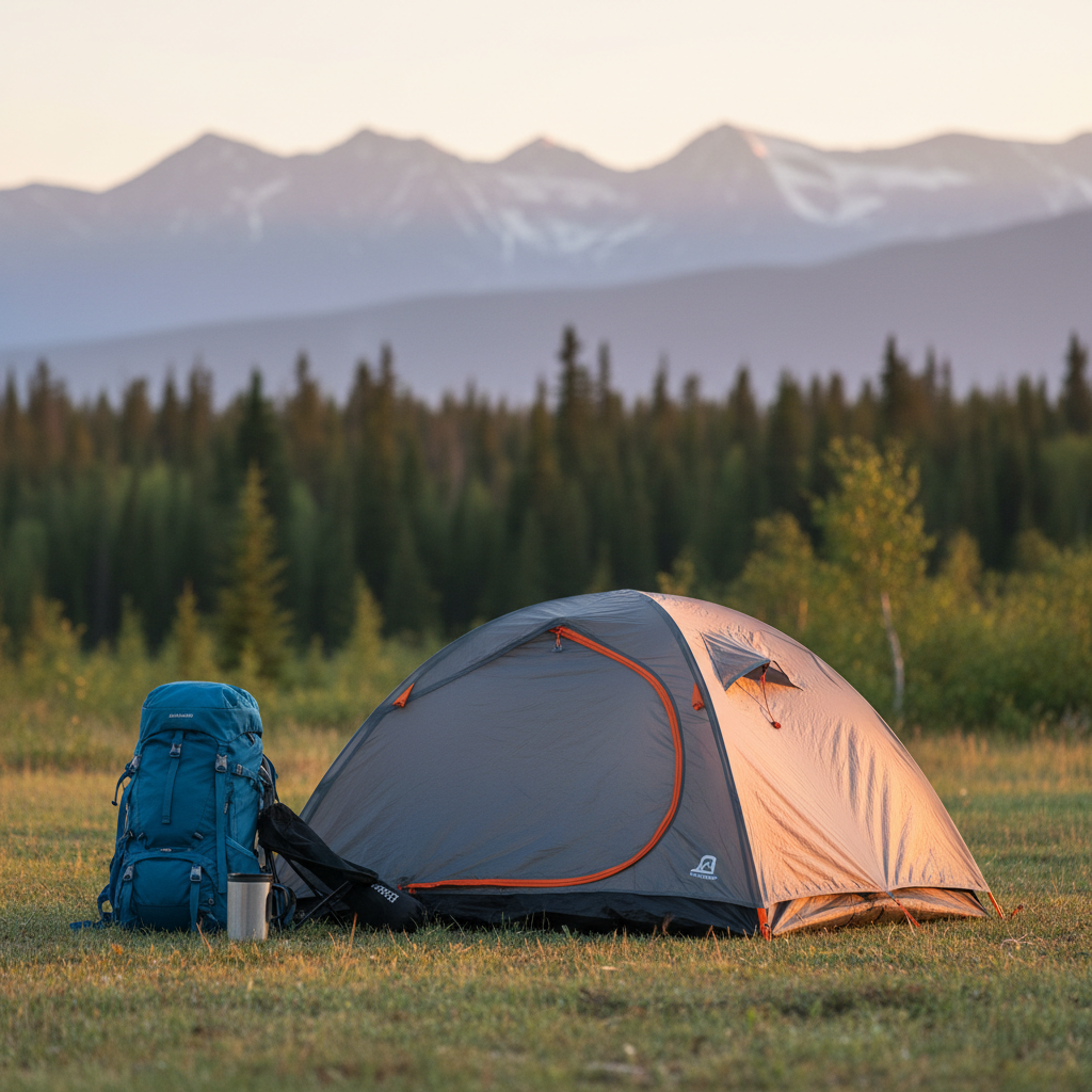 A sturdy outdoor camping setup featuring a compact graphite-gray backpacking tent with bright orange trim pitched on a grassy clearing, beside a neatly packed cobalt-blue hiking backpack, a stainless steel insulated mug, and a folded ultralight camp chair. Behind, a blurred treeline and distant soft-focus mountains suggest a vast landscape. Warm golden hour sunlight illuminates the tent fabric, creating translucent highlights and long, gentle shadows across the grass. Captured at eye level with a slightly wide lens, the composition follows the rule of thirds, keeping the gear in sharp focus while the background turns to creamy bokeh. The photographic, vibrant style creates an adventurous yet approachable mood, ideal for showcasing outdoor hobby gear buying guides.
