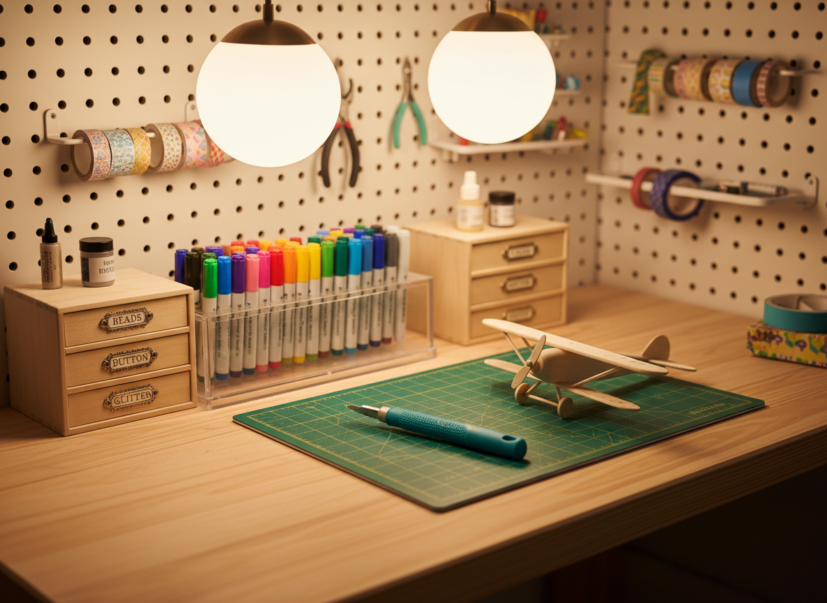 A cheerful craft and DIY hobby corner with a sturdy pine workbench scattered with colorful supplies: a neatly arranged set of alcohol markers in a clear stand, a precision hobby knife with a rubberized teal handle, a miniature unpainted model airplane on a cutting mat, and small storage drawers labeled with tiny embossed tags. Overhead, warm pendant lighting with a soft diffuser casts a cozy glow, enhancing the saturation of paints and plastics while creating delicate, realistic shadows. The background shows softly blurred pegboard walls holding organized tools and spools of washi tape. Shot from a slightly elevated three-quarter view with sharp focus on the central tools and gentle falloff towards the edges, the photographic, vibrant style creates a playful, creative mood suited to hobby product guides.